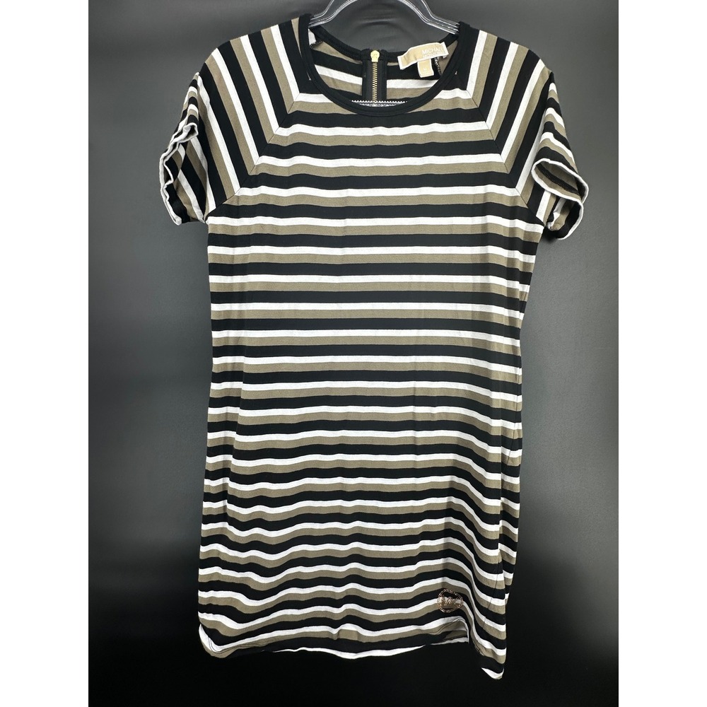 Michael Kors Stripe Dress Women's Medium Gold Zip MK Logo Black White Tan Shift
